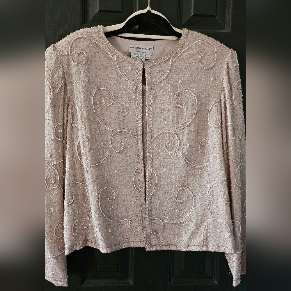 Adrianna Papèll pale pink beaded jacket with matching shell tank. Size 14